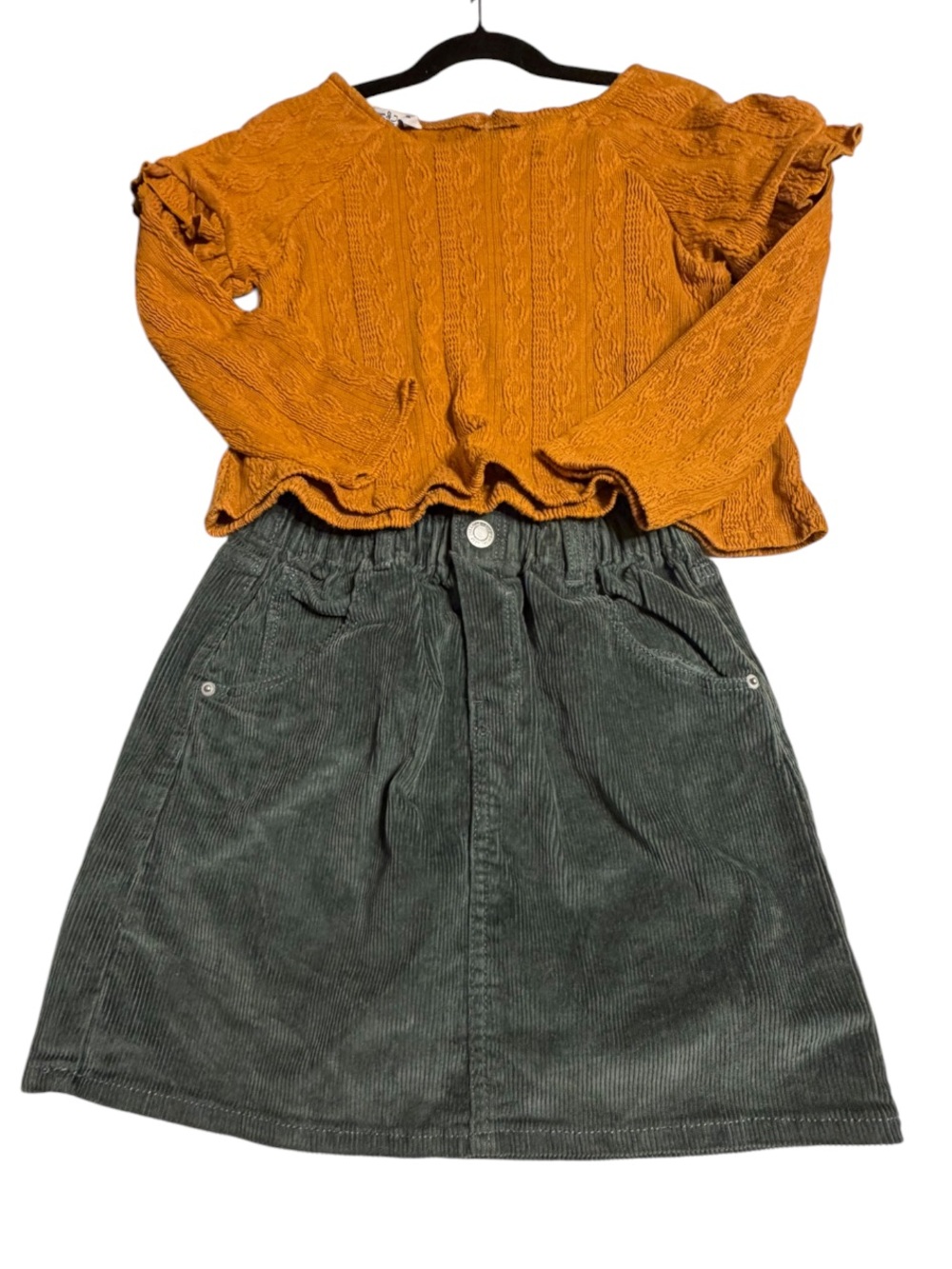 Pippa & Julie Mustard Cable Knit Ruffle Top H & M Green Corduroy Skirt NWT Sz 6